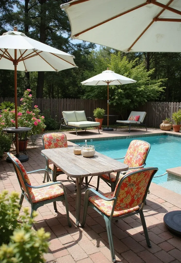 Above Ground Pool Deck Ideas That Make the Shell Work 15 Vintage-inspired pool deck seating with classic lines and garden backdrop