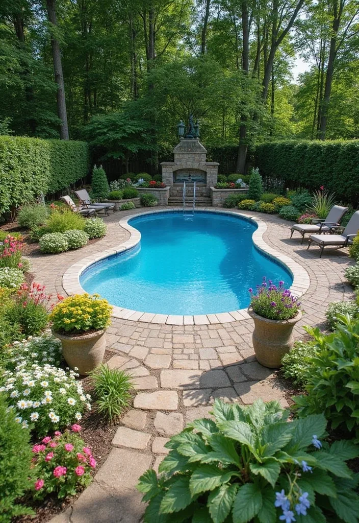 Above Ground Pool Deck Ideas That Make the Shell Work 13 Garden-framed curved pool deck with flowers and clipped hedges