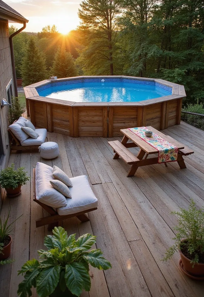 Above Ground Pool Deck Ideas That Make the Shell Work 2 Octagonal above ground pool wrapped by warm wood deck at sunset