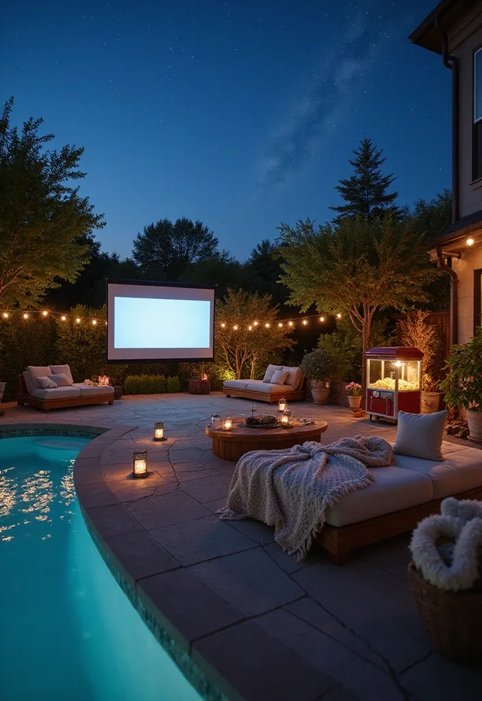 Above Ground Pool Deck Ideas That Make the Shell Work 18 Outdoor movie night deck setup beside the pool
