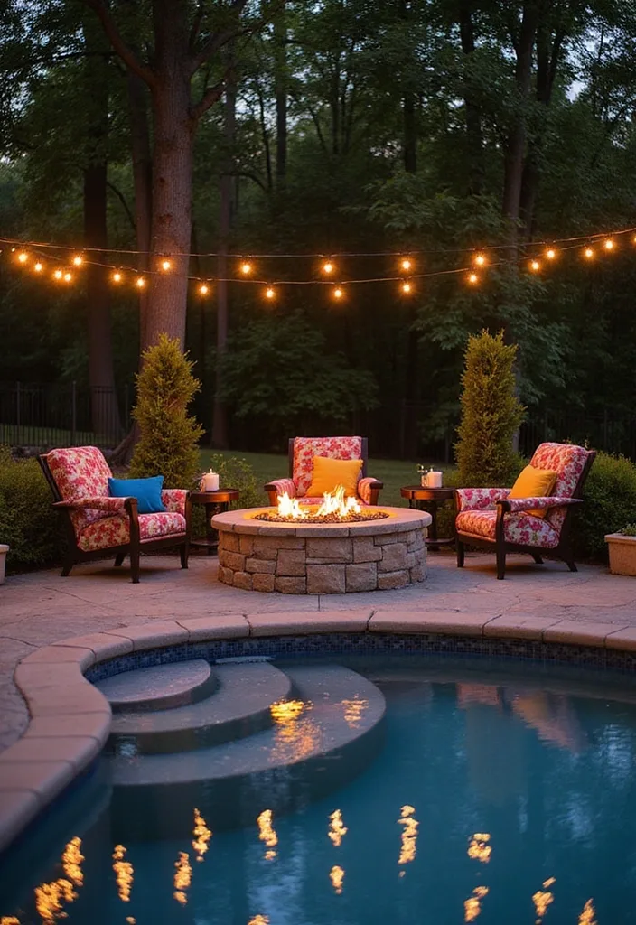 Above Ground Pool Deck Ideas That Make the Shell Work 5 Poolside fire pit seating zone beside curved deck edge at dusk
