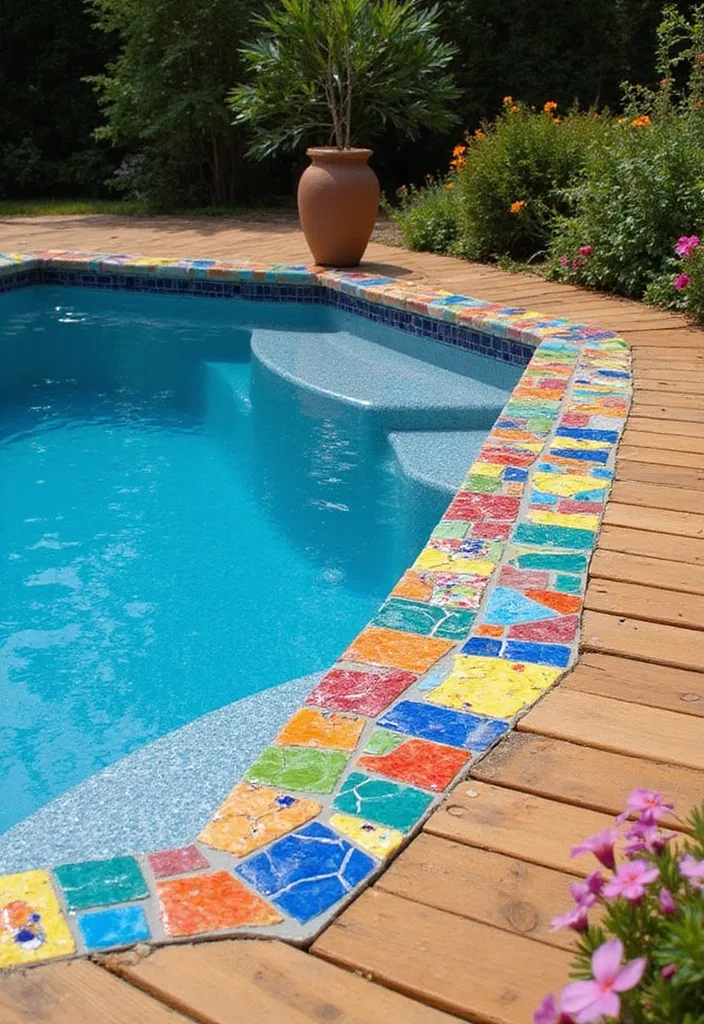 Above Ground Pool Deck Ideas That Make the Shell Work 11 Colorful tile-trimmed pool deck curve beside planted urn