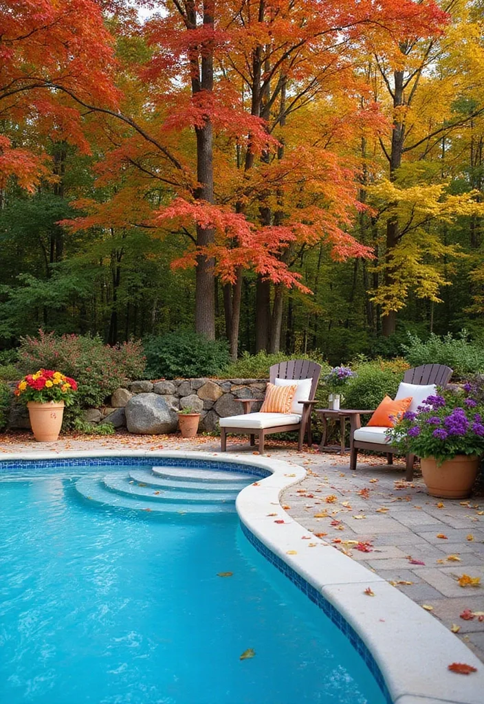 Above Ground Pool Deck Ideas That Make the Shell Work 22 Autumn deck styling with loungers planters and fallen leaves