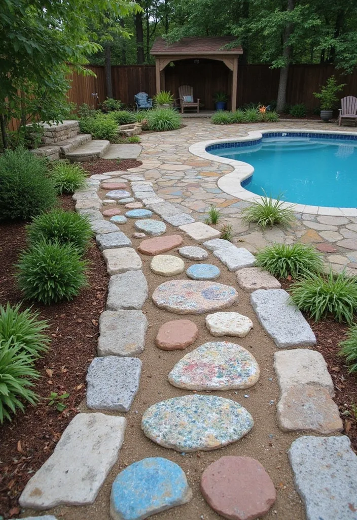 25 Stunning Backyard Pool Landscaping Ideas That Will Make You Want to Dive Right In! - 13. Artistic Pathways