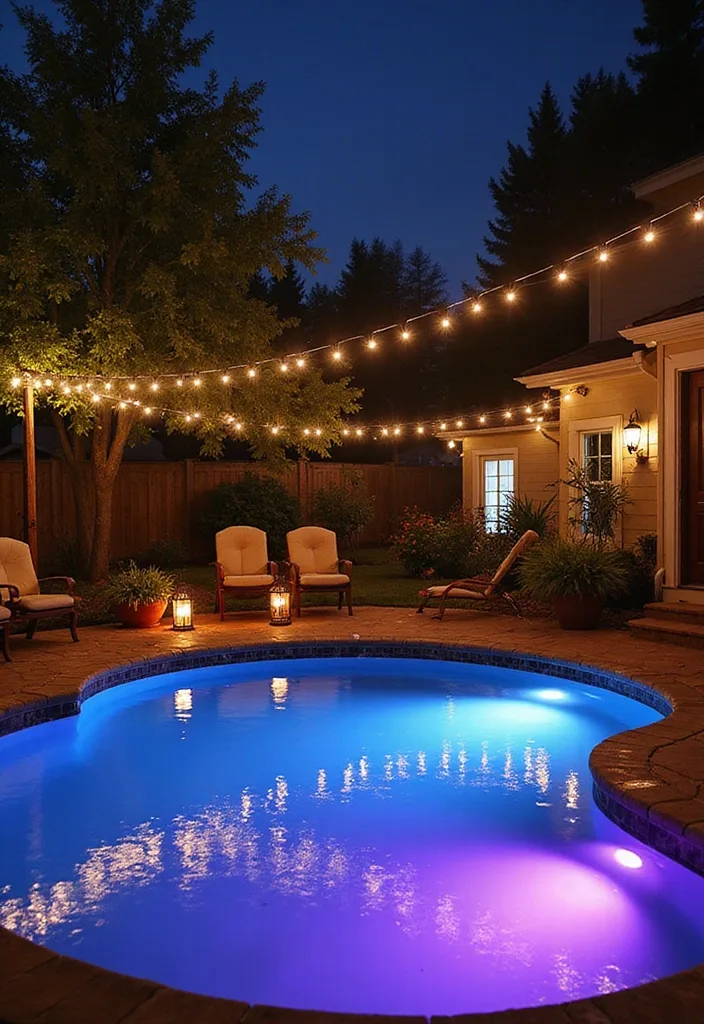 25 Stunning Backyard Pool Landscaping Ideas That Will Make You Want to Dive Right In! - 15. Outdoor Lighting Magic