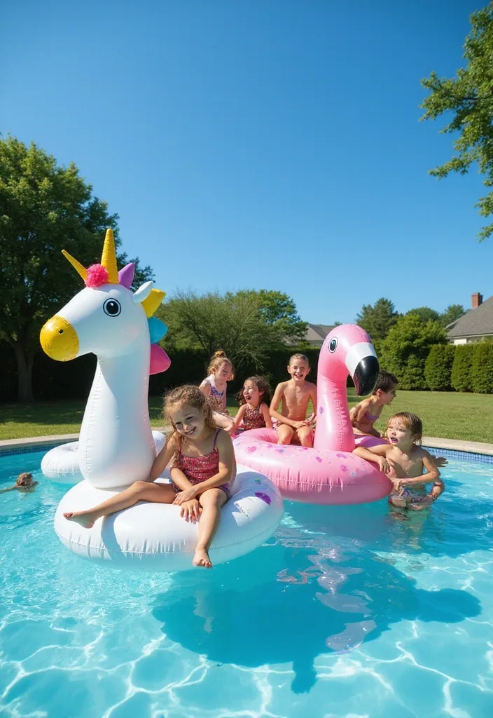 Dream Backyard Pool Ideas for Real Family Days 2 Kids on unicorn and flamingo floats in a family backyard pool