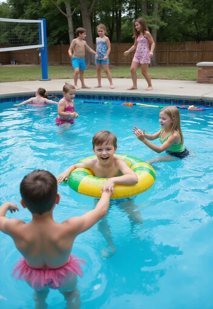 Dream Backyard Pool Ideas for Real Family Days 9 Kids playing with floats and noodles in a backyard pool with volleyball net nearby