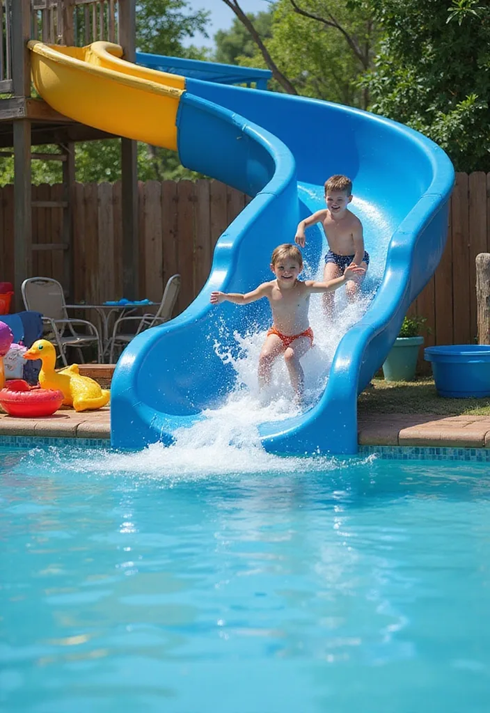 Dream Backyard Pool Ideas for Real Family Days 11 Two kids sliding into a backyard pool on a blue water slide