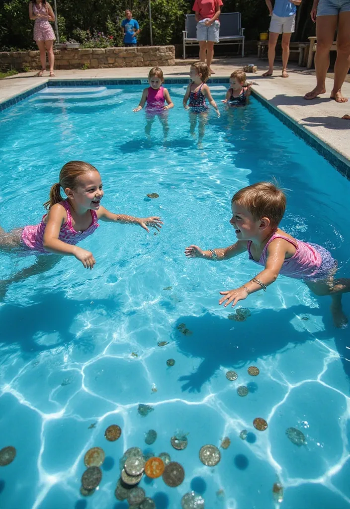 Dream Backyard Pool Ideas for Real Family Days 6 Children diving for coins on the pool floor during a treasure hunt game