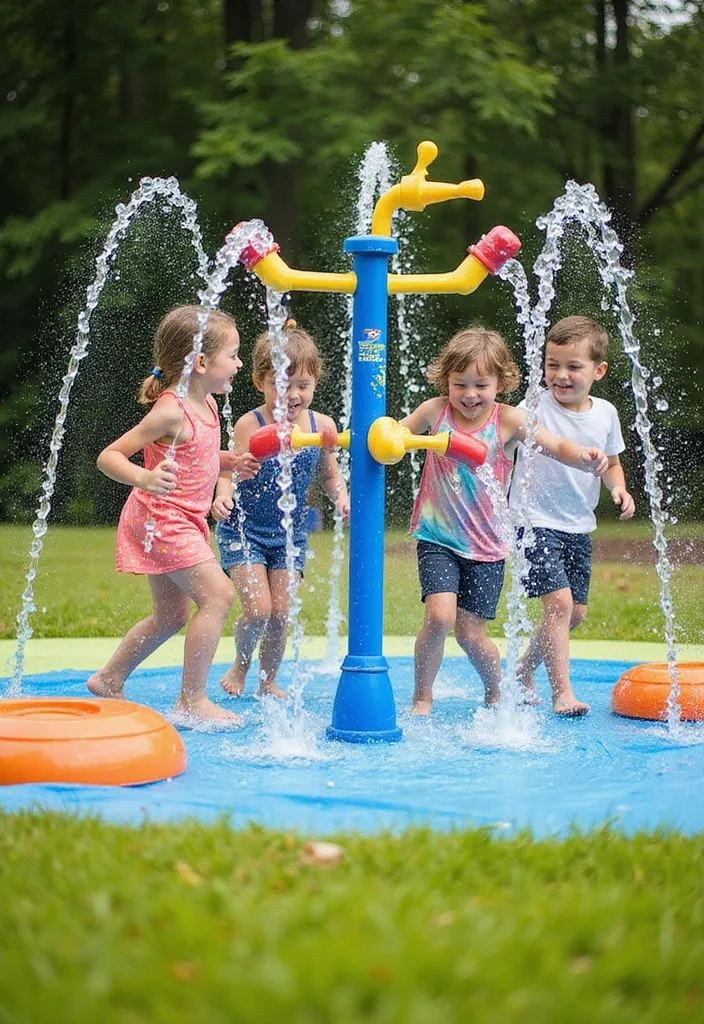 Dream Backyard Pool Ideas for Real Family Days 4 Young kids running through backyard splash pad sprinkler on grass