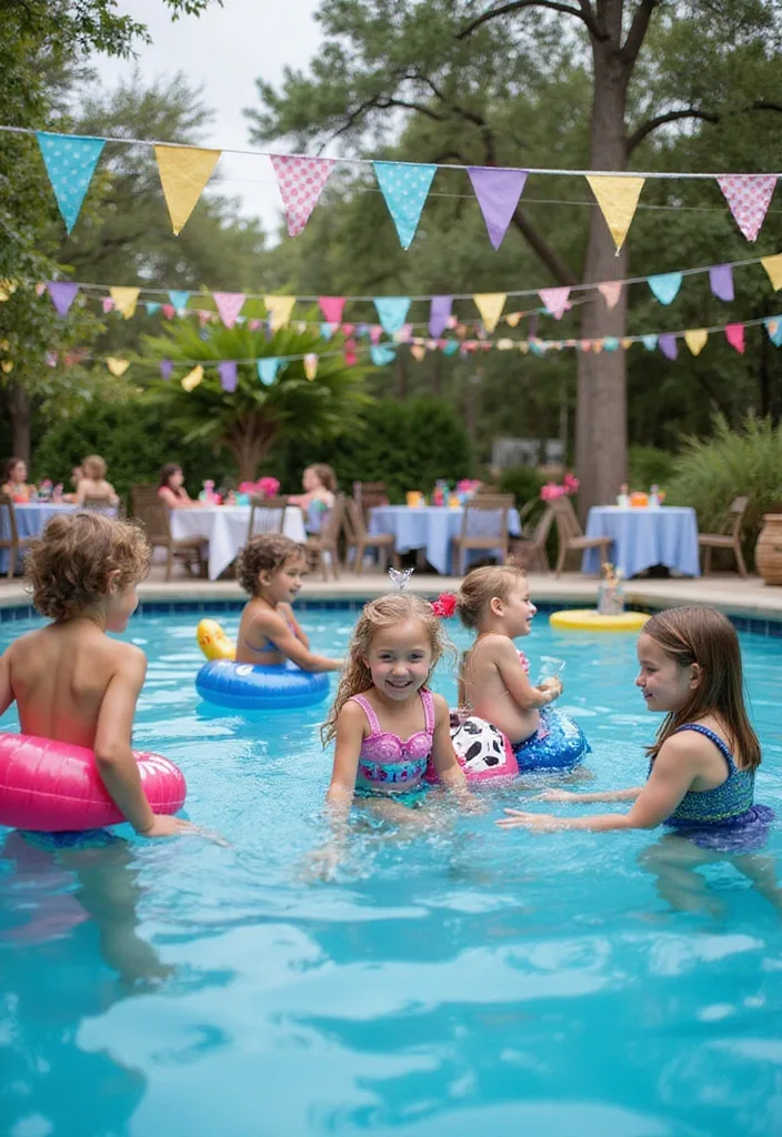 Dream Backyard Pool Ideas for Real Family Days 5 Kids in pool with adult picnic tables and bunting for a backyard party