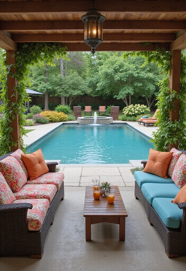 Dream Backyard Pool Ideas for Real Family Days 7 Covered poolside lounge with sofas facing a rectangular family backyard pool