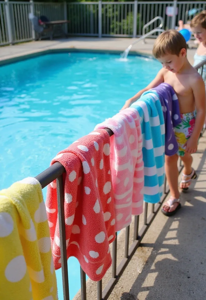 Dream Backyard Pool Ideas for Real Family Days 13 Colorful towels hanging on a pool fence with a child reaching for one
