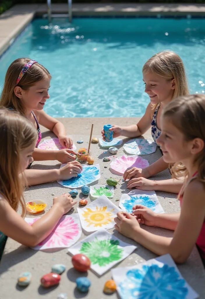 Dream Backyard Pool Ideas for Real Family Days 14 Kids painting rocks and crafts at a table beside the swimming pool