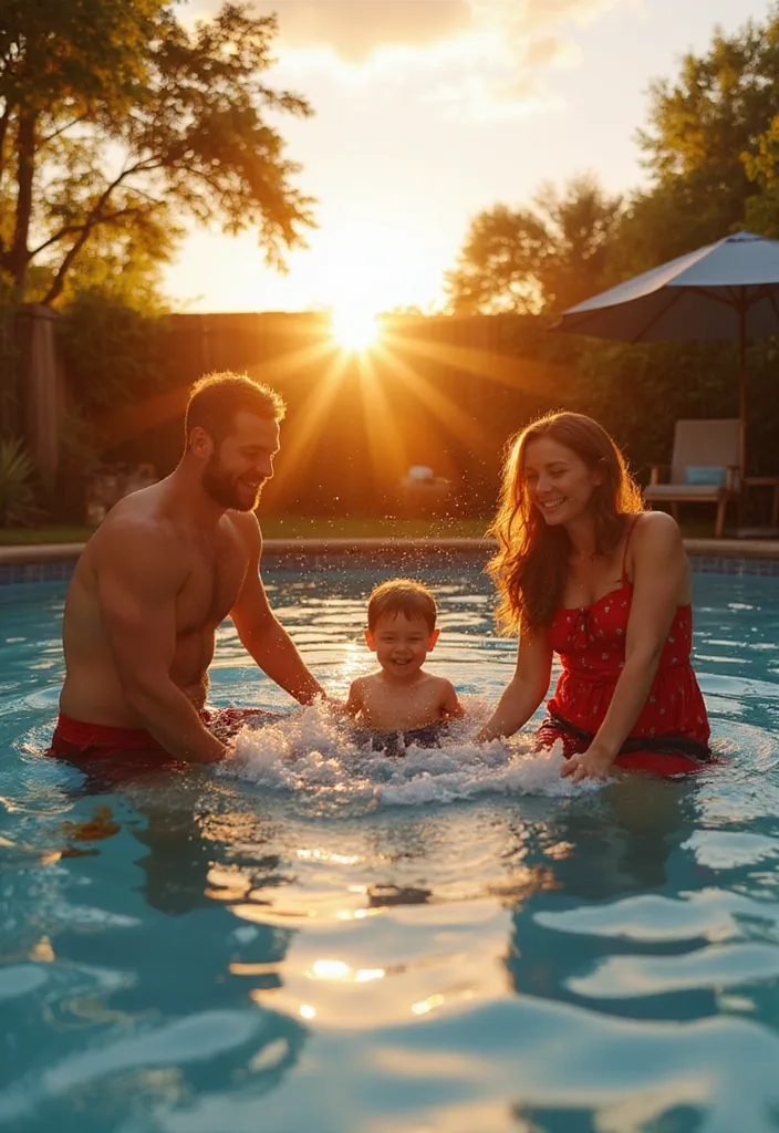 Dream Backyard Pool Ideas for Real Family Days 15 Parents and young child laughing and splashing together in a backyard pool at sunset