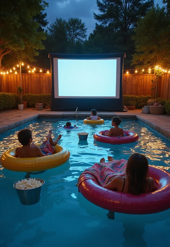 Dream Backyard Pool Ideas for Real Family Days 3 Kids floating in pool tubes facing an outdoor movie screen with popcorn