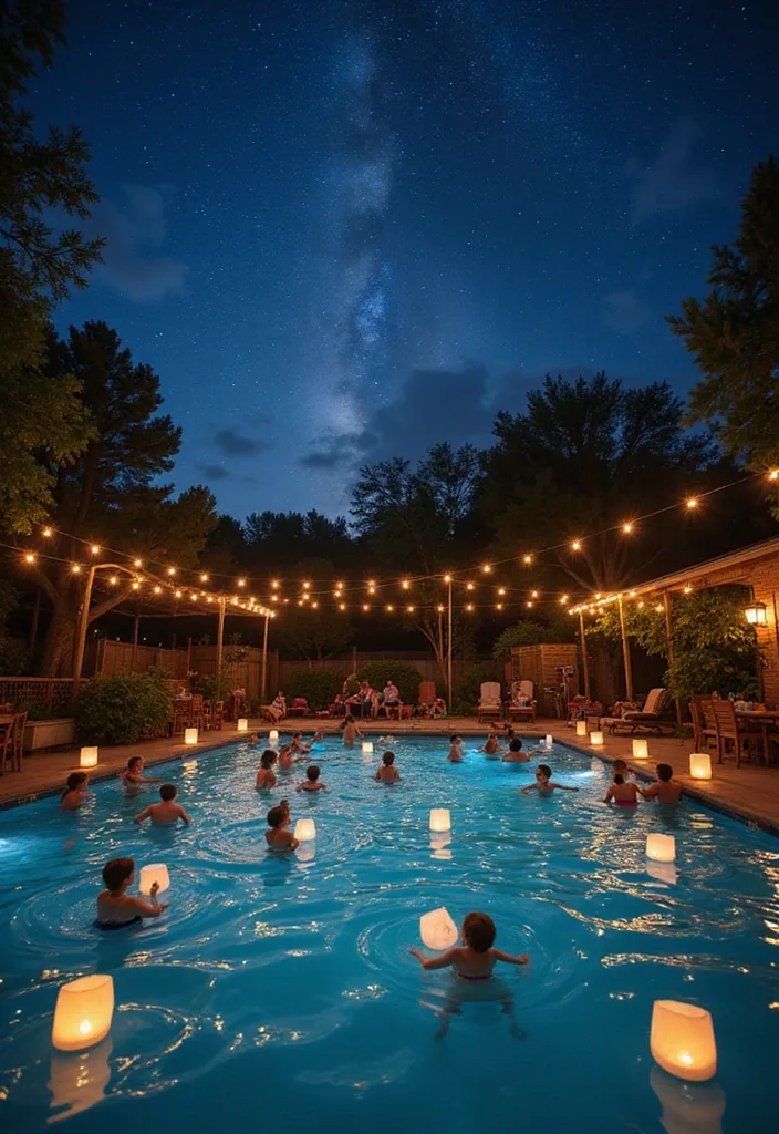 Dream Backyard Pool Ideas for Real Family Days 10 Night backyard pool swim with floating lanterns and warm string lights