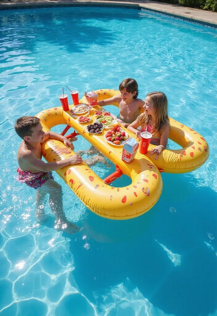 Dream Backyard Pool Ideas for Real Family Days 8 Kids using a yellow floating picnic table with snacks in the pool