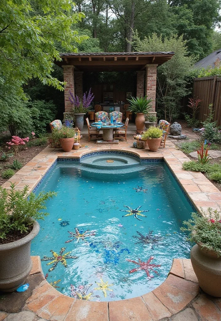Garden Pool Ideas That Actually Feel Like a Garden 10 Garden pool with colorful starfish mosaic floor and terracotta planters of flowers