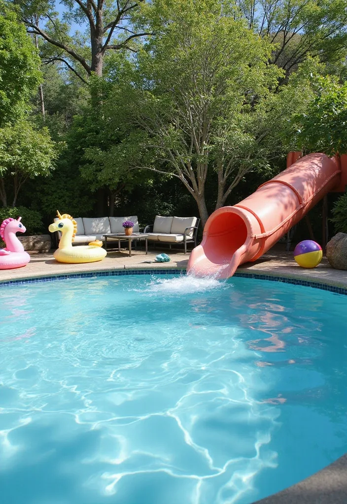 Garden Pool Ideas That Actually Feel Like a Garden 8 Family garden pool with coral slide, unicorn floats, lounge sofas, and dense tree screen