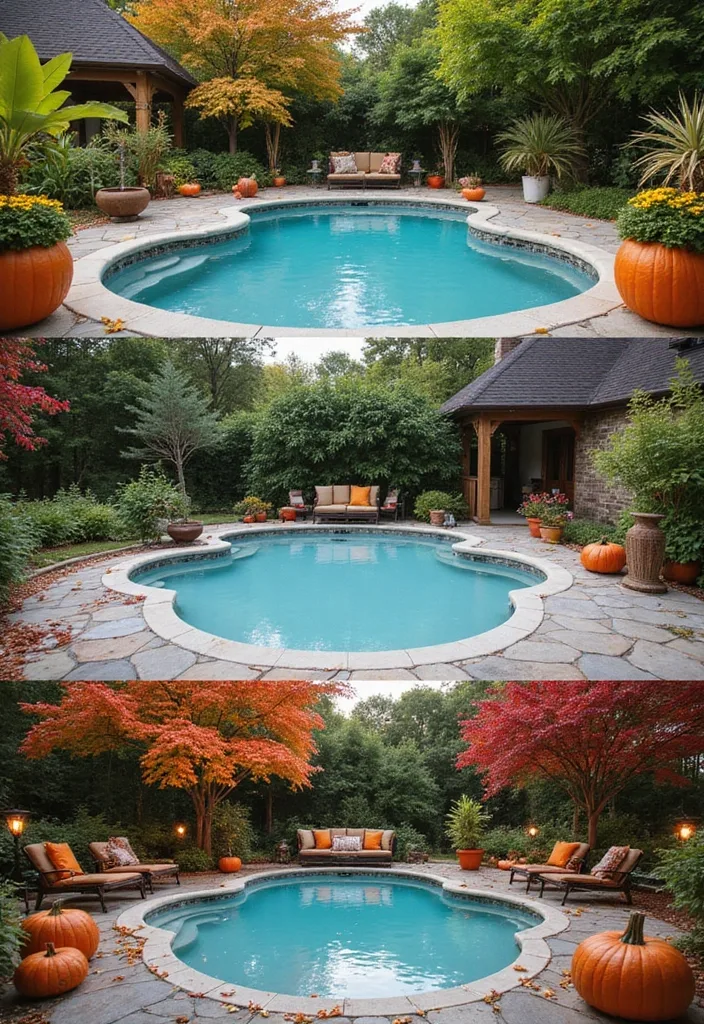 Garden Pool Ideas That Actually Feel Like a Garden 11 Seasonal garden pool ideas with autumn trees, pumpkin planters, and layered patio plants