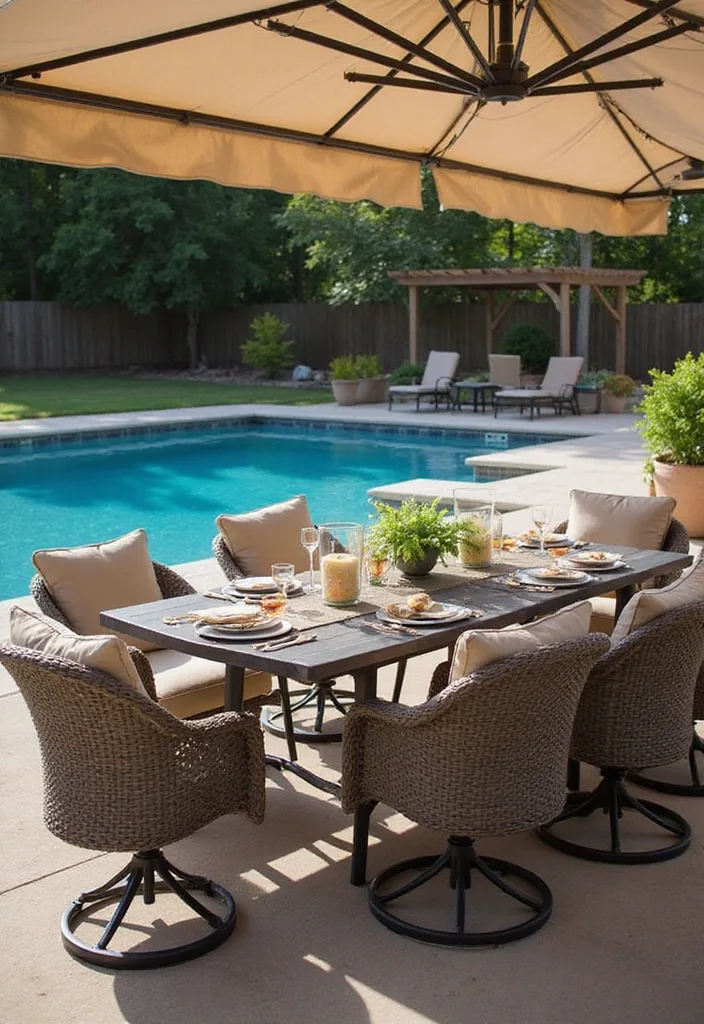 Garden Pool Ideas That Actually Feel Like a Garden 12 Garden pool with outdoor dining table, umbrella shade, potted plants, and fence greenery