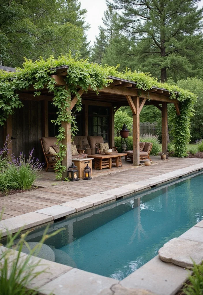 Garden Pool Ideas That Actually Feel Like a Garden 4 Garden pool beside wooden pergola covered in climbing vines and forest trees