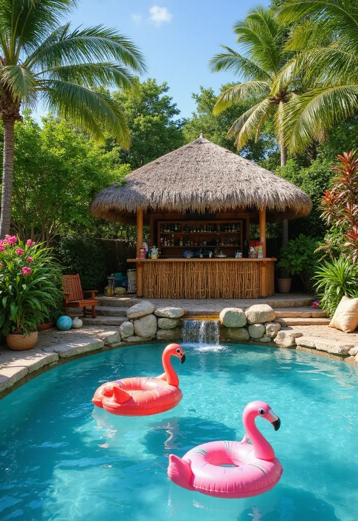 Garden Pool Ideas That Actually Feel Like a Garden 2 Garden pool with palm canopy, pink flowers, stone waterfall edge, and bamboo tiki bar