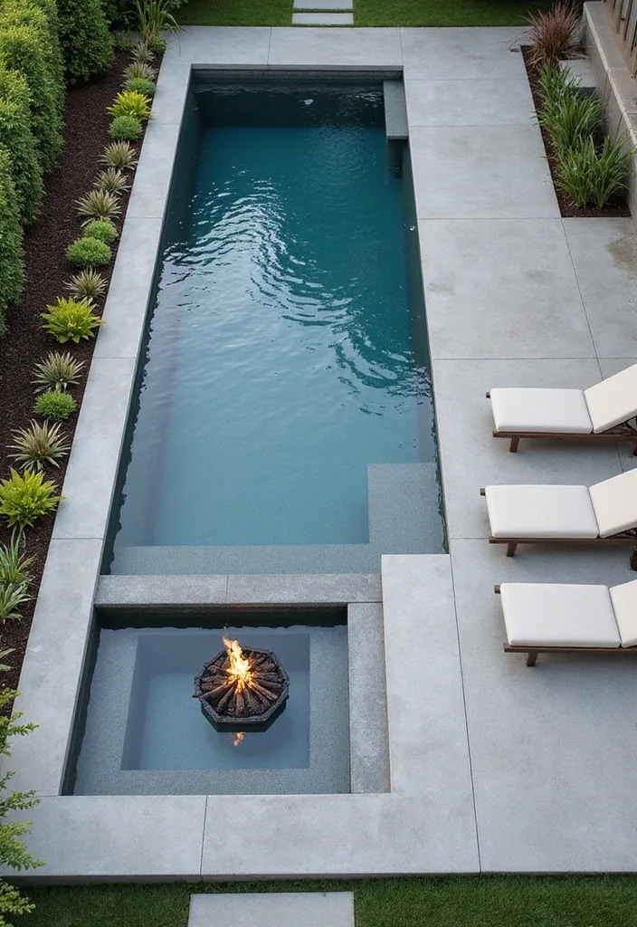 Garden Pool Ideas That Actually Feel Like a Garden 3 Modern rectangular garden pool with hedge border, ornamental grasses, and fire feature