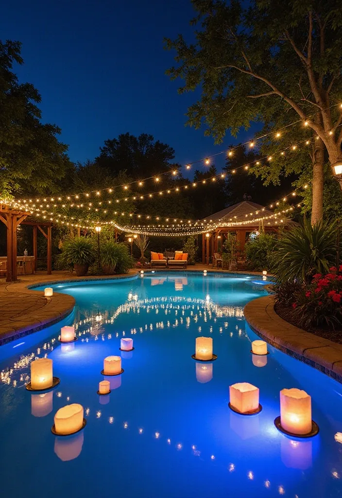 Garden Pool Ideas That Actually Feel Like a Garden 13 Night garden pool with string lights in trees and floating candles on blue water