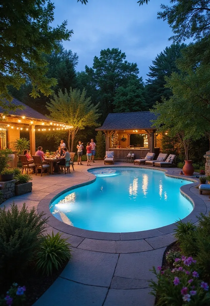 Garden Pool Ideas That Actually Feel Like a Garden 14 Twilight garden pool party with glowing water, string lights, and dense surrounding trees