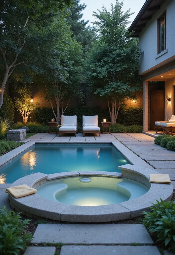 Garden Pool Ideas That Actually Feel Like a Garden 9 Garden pool and lit hot tub with tree canopy lighting and stone deck with grass joints