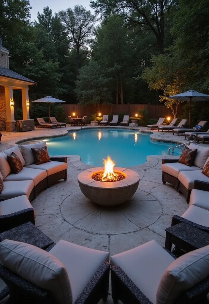 Garden Pool Ideas That Actually Feel Like a Garden 6 Garden pool at dusk with fire pit lounge, trees, and warm perimeter lighting