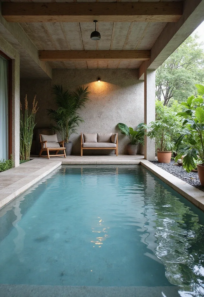 Indoor Swimming Pool Designs for a Quiet Luxury Feel 8 Covered zen plunge lane with wood ceiling beams and garden edge