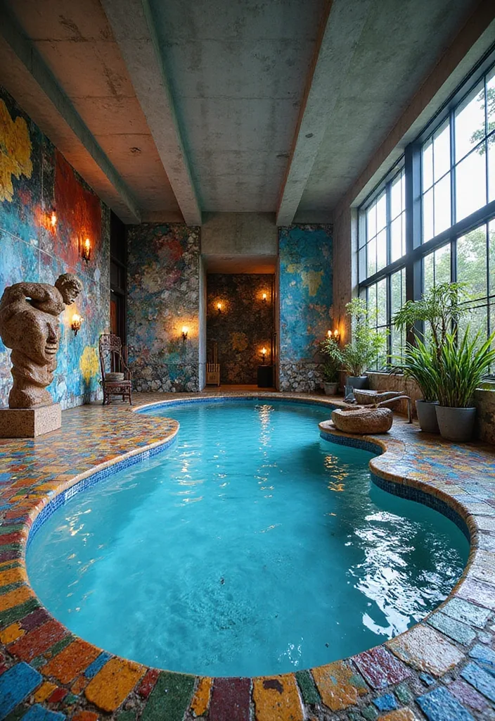 Indoor Swimming Pool Designs for a Quiet Luxury Feel 6 Artistic indoor pool with mosaic deck murals and sculptural figure