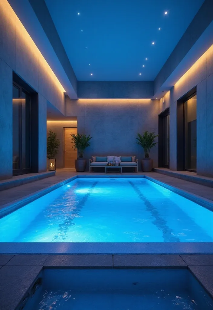 Indoor Swimming Pool Designs for a Quiet Luxury Feel 10 Night lit indoor lap pool with blue underwater glow and warm cove lights