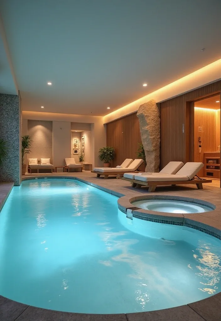 Indoor Swimming Pool Designs for a Quiet Luxury Feel 4 Indoor spa pool with circular hot tub wood slats and stone pillar