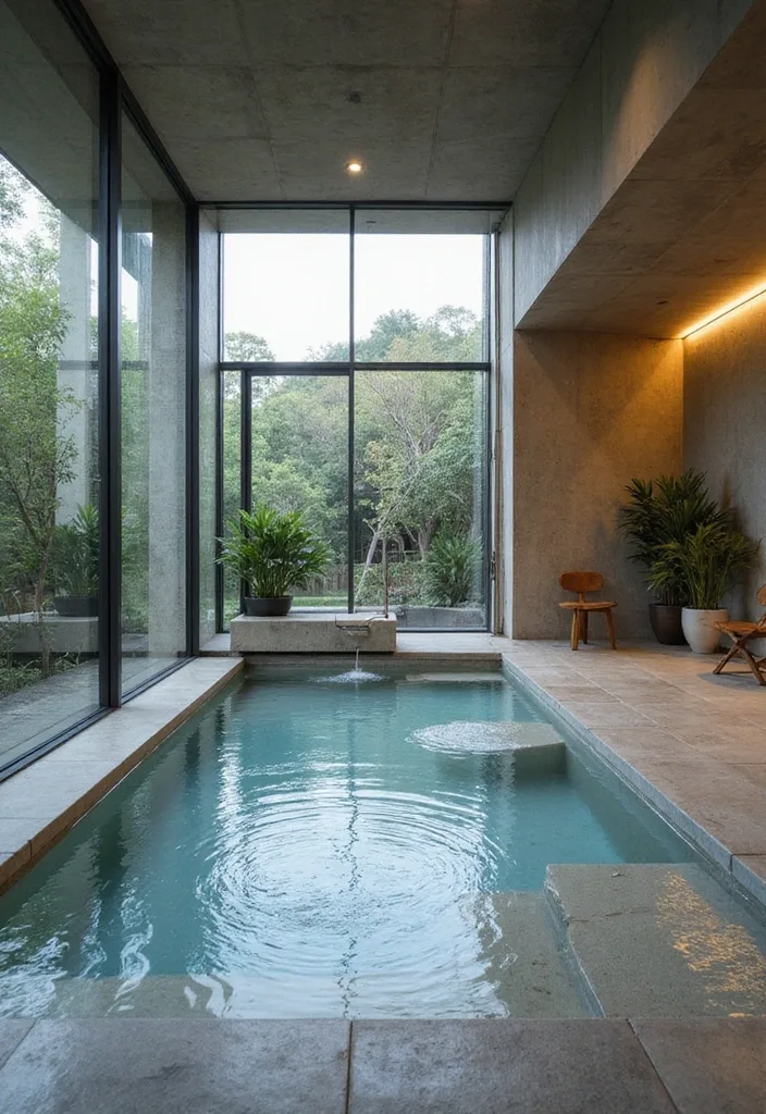 Indoor Swimming Pool Designs for a Quiet Luxury Feel 2 Minimalist indoor swimming pool with concrete walls and forest glass wall
