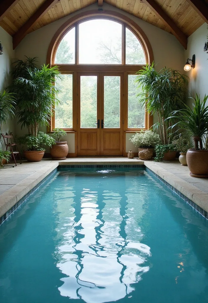 Indoor Swimming Pool Designs for a Quiet Luxury Feel 11 Conservatory indoor lap pool with vaulted wood ceiling and potted palms