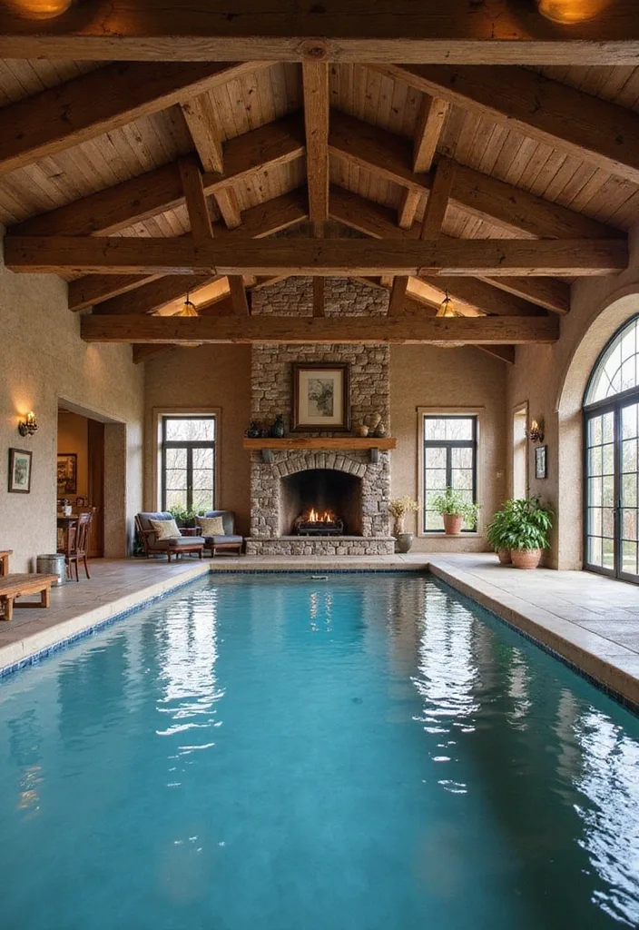 Indoor Swimming Pool Designs for a Quiet Luxury Feel 5 Rustic indoor swimming pool under timber beams with stone fireplace
