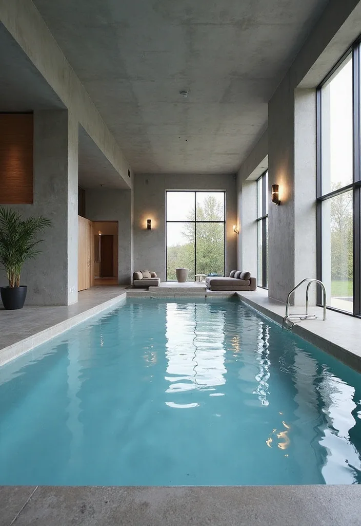 Indoor Swimming Pool Designs for a Quiet Luxury Feel 7 Contemporary concrete indoor lap pool with window wall and daybeds