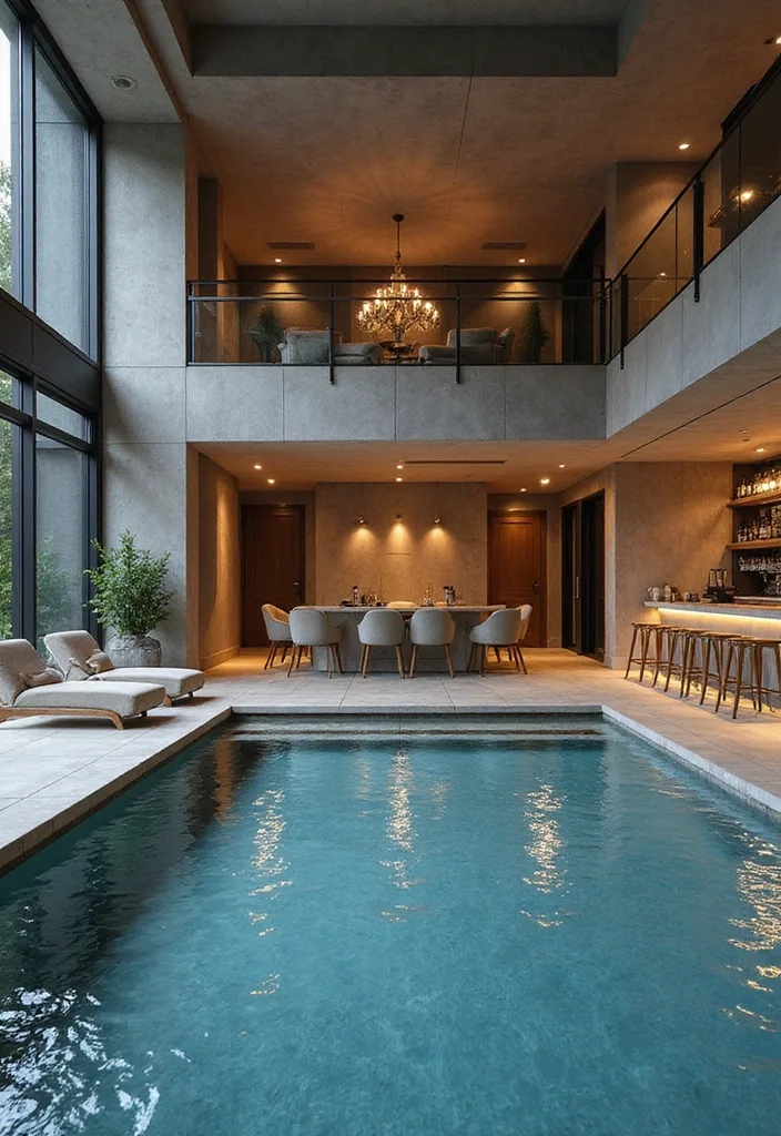 Indoor Swimming Pool Designs for a Quiet Luxury Feel 9 Double-height indoor pool with mezzanine chandelier dining and bar
