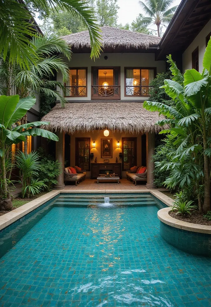 Indoor Swimming Pool Designs for a Quiet Luxury Feel 3 Tropical pavilion lounge opening onto a turquoise luxury pool at dusk