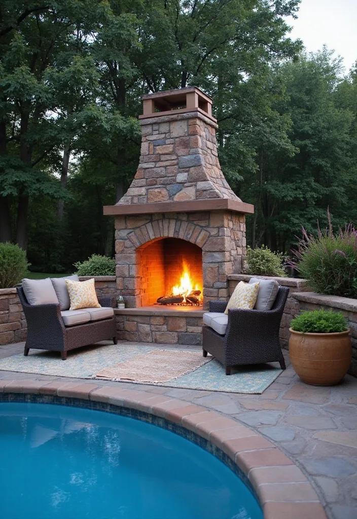 15 Stunning Pool Deck Ideas for a Dream Backyard 8 15 Stunning Pool Deck Ideas That'll Turn Your Backyard into a Dream Oasis! - 7. Rustic Stone Fire Place