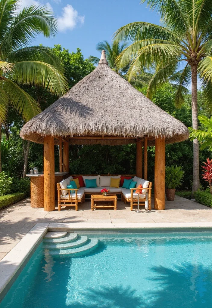 15 Stunning Pool Deck Ideas for a Dream Backyard 6 15 Stunning Pool Deck Ideas That'll Turn Your Backyard into a Dream Oasis! - 5. Tropical Retreat with Thatched Roof