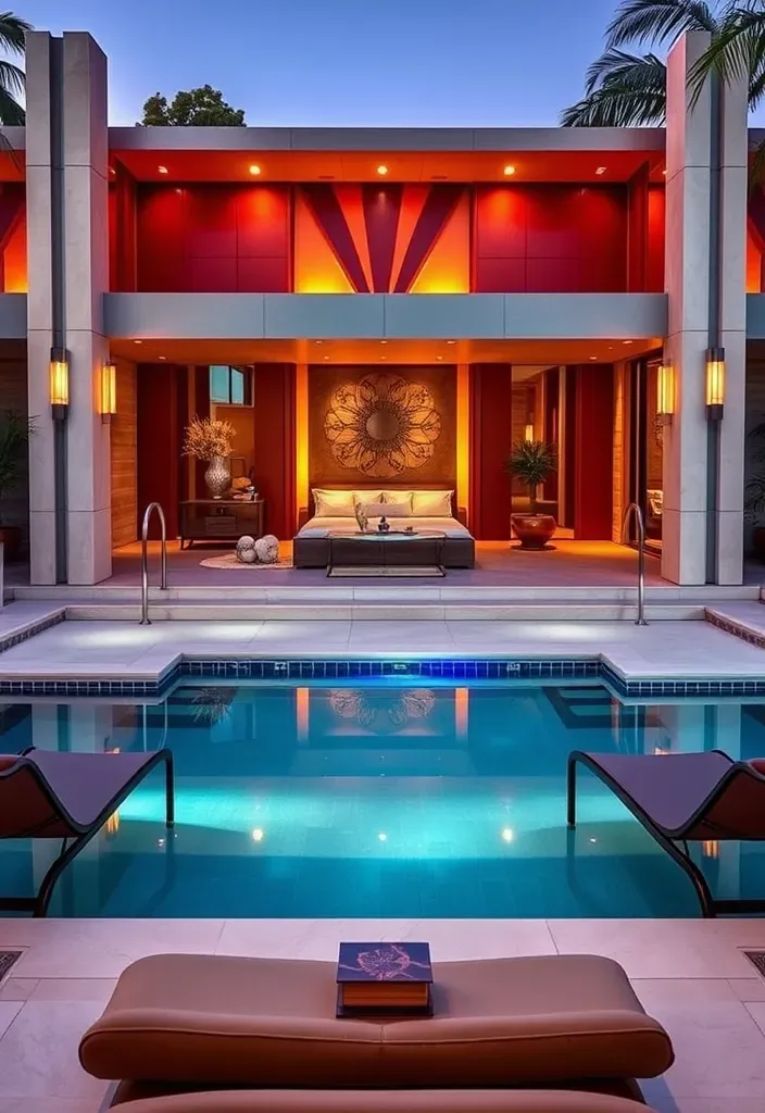 15 Pool House with Bedroom Ideas for a Weekend Retreat 12 22 Stunning Pool House Designs with Bedrooms That'll Make You Want to Dive Right In! - 11. Art Deco Elegance