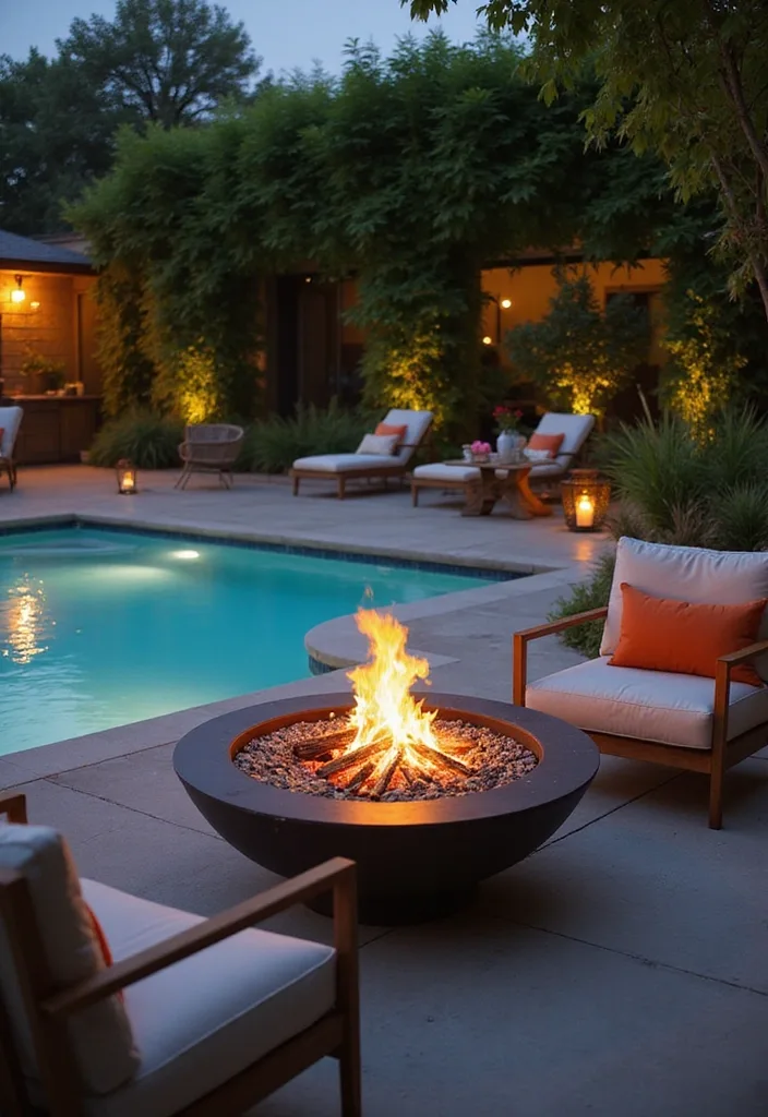 20 Creative Landscaping Ideas for a Small Backyard with a Pool 4 20 Creative Landscaping Ideas for Small Backyards with Pools (Prepare to Be Inspired!) - 3. Poolside Fire Pit for Year-Round Enjoyment