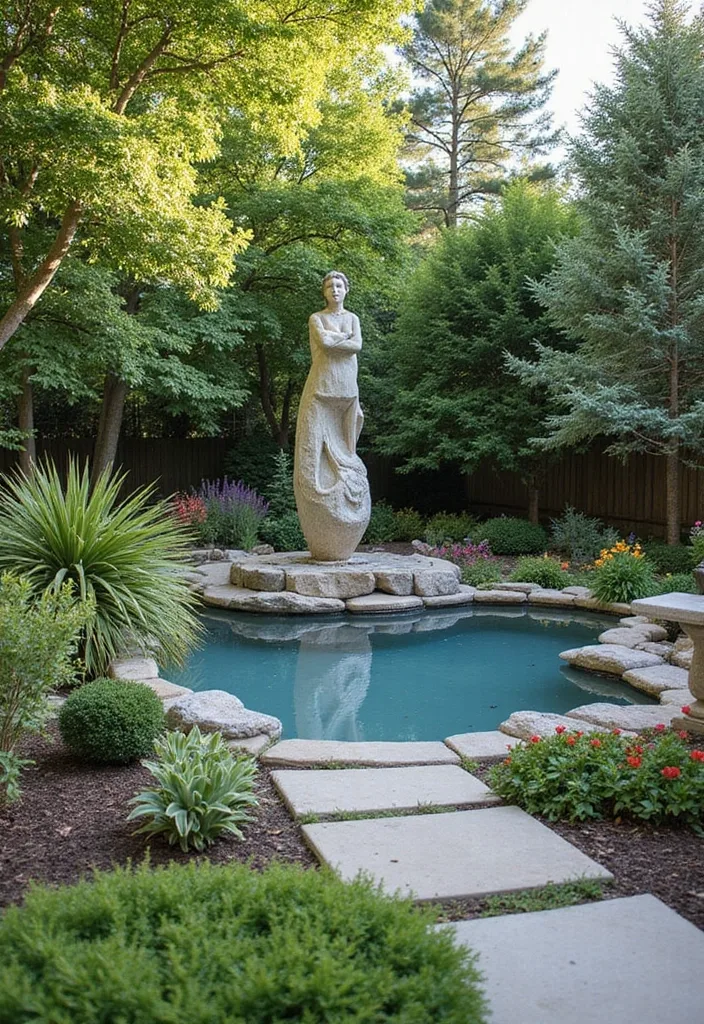 20 Creative Landscaping Ideas for a Small Backyard with a Pool 13 20 Creative Landscaping Ideas for Small Backyards with Pools (Prepare to Be Inspired!) - 12. Artistic Sculpture as Focal Points