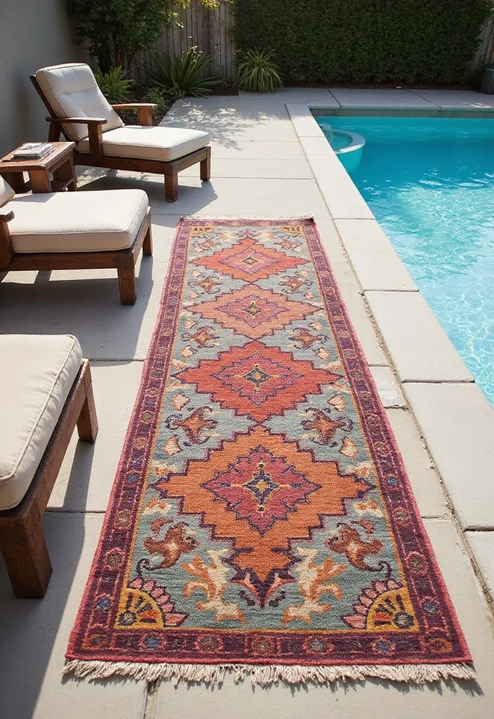 20 Creative Landscaping Ideas for a Small Backyard with a Pool 10 20 Creative Landscaping Ideas for Small Backyards with Pools (Prepare to Be Inspired!) - 9. Outdoor Rugs for Comfort and Style
