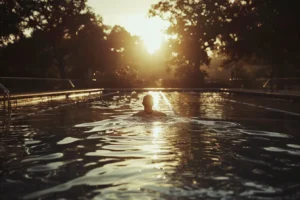 swimming in a pool with the sun rising over the still water